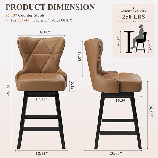 MALOL Swivel Bar Stools Set of 2, PU Leather Mid Century Mondern Barstools, 26 inch Counter Height Bar Chairs with Solid Back and Wood Legs, for Kitchen Island，Brown