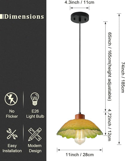 ANYLOVE Vintage Hammered Gradient Green Glass Pendant Light,11inch Gradient Petal Ceiling Hanging Lamp,Adjustable Hanging line for Kitchen Island, Dining Room, Bedroom, Hallway,Farmhouse