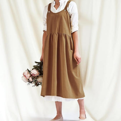 Cityelf Vintage Pinafore Apron Dress Snap Adjust Linen Cotton with Pockets Floral Aprons for Cooking Gardening