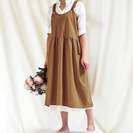 Cityelf Vintage Pinafore Apron Dress Snap Adjust Linen Cotton with Pockets Floral Aprons for Cooking Gardening
