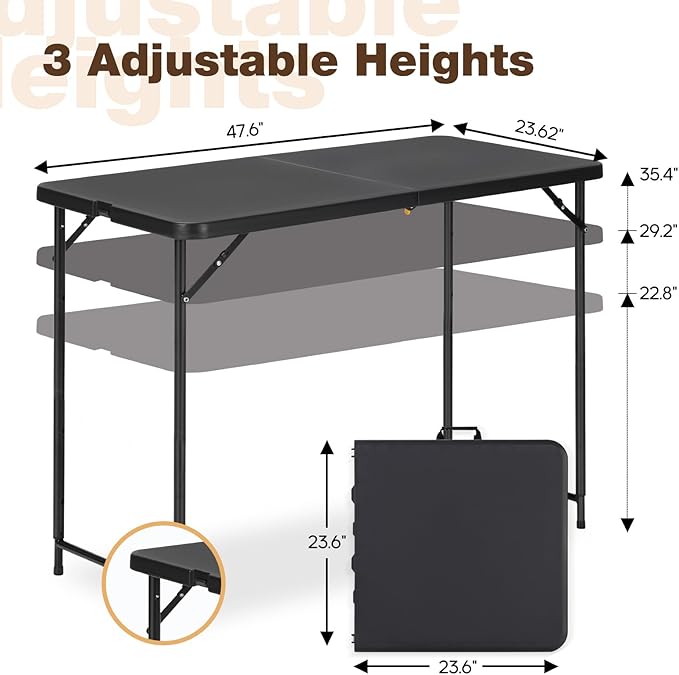 4ft Folding Table with Adjustable Height, 3-Level Foldable Table with HDPE Top & Steel Legs, Portable 4 Foot Folding Table for Picnic, Party, Craft, Indoor Outdoor Use, Black