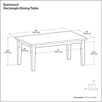 SIMPLIHOME Eastwood Dining Table - 66 inch Wide Solid Wood Rectangular Dinner Table in Deep Brown, Contemporary Dining Room Table with Thick Top and Tapered Legs, Seats 6