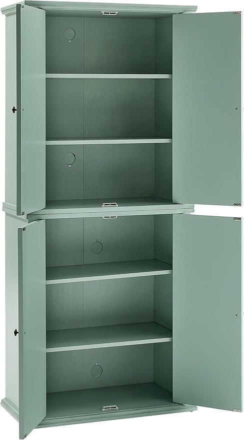 Crosley Furniture Holbrook Traditional Tall Kitchen Pantry, Laundry Room Cabinet, Bathroom Storage Cabinets, Distressed Seafoam Blue