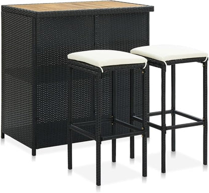 3 Piece Bar Set Black Rectangular Table with 2 Stools Acacia Wood Surface Indoor Outdoor Use for Dining Room Kitchen Balcony