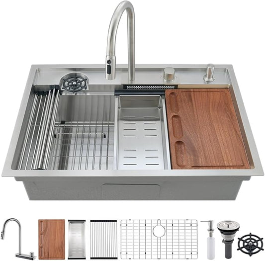 33 Inch Waterfall Kitchen Sink Drop In-iAnomla 33x19 Stainless Steel Drop In Kitchen Sink Workstation Modern Sinks 16 Gauge Single Bowl Deep Smart Sinks with Faucet and Cup Washer Combo
