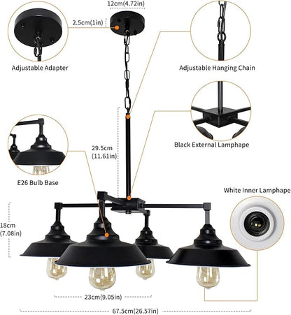 Kitchen Island Light Black Pendant Lighting Fixture 4 Lights, Modern Farmhouse Chandelier Industrial Metal Ceiling Hanging Lamp for Dining Room Hallway Pool Table