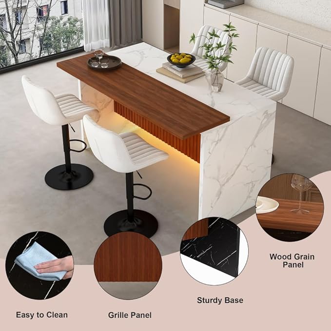 63 Inch Kitchen Island with 4 Deep Brown Bar Stools – White Marble Countertop, Integrated LED Lighting & Grille Design, Multi-Functional Breakfast Bar for Dining Rooms, (White+4beige)