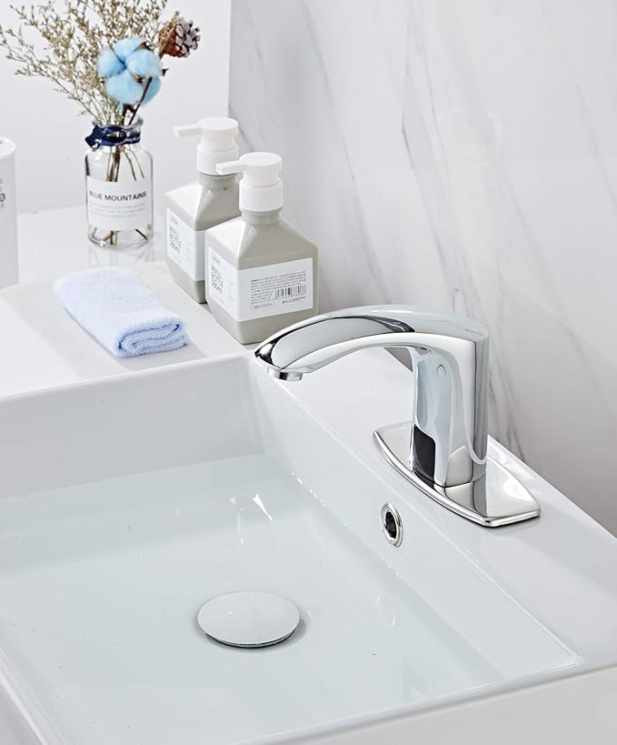 Automatic Bathroom Sink Faucet with Hole Cover Plate Sensor Touchless Dual-Powered Chrome Vanity Faucets Hands Free Motion Sensor Bathroom Water Tap with Control Box and Temperature Mixer