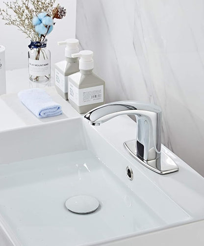 Automatic Bathroom Sink Faucet with Hole Cover Plate Sensor Touchless Dual-Powered Chrome Vanity Faucets Hands Free Motion Sensor Bathroom Water Tap with Control Box and Temperature Mixer