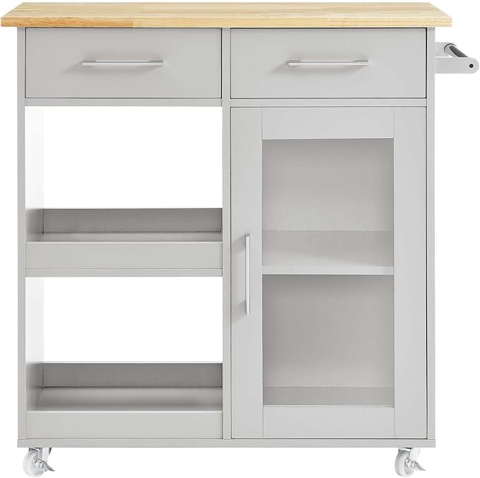 Modway Culinary Rolling Kitchen Cart with Storage in Light Gray Natural - 3 Tiers Kitchen Island on Wheels with Towel Bar, Functional as a Coffee Station, Bar Cabinet or Butcher Block Island