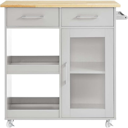Modway Culinary Rolling Kitchen Cart with Storage in Light Gray Natural - 3 Tiers Kitchen Island on Wheels with Towel Bar, Functional as a Coffee Station, Bar Cabinet or Butcher Block Island