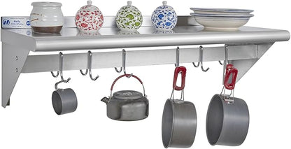 Hally Stainless Steel Shelf with 6 Hooks 12" x 36" Wall Mounted Pot Rack, NSF Commercial Floating Shelving for Storage Hanging Pots, Pans, cookware in Restaurant, Kitchen, Home and Hotel