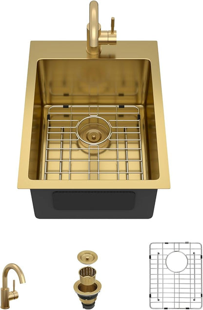 15 x 20 Inch Gold Drop In Bar Sink with Faucet, 16 Gauge 304 Stainless Steel Single Bowl Sink with Gold Finish for Kitchen Bars, RV, and Boat #TLT-0031