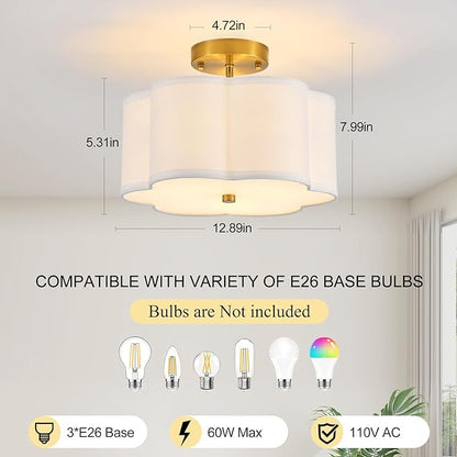 Modern Semi Flush Mount Ceiling Light Modern Gold 3-Lights Drum Ceiling Lighting Fixture Vintage Linen Golden Ceiling Lamp for Laundry Room, Kitchen, Basement, Dining Room, Bedroom