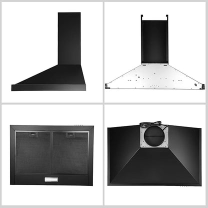 SNDOAS 24 inch Range Hood Black,Stainless Steel Chimney-Style Kitchen Hood, Ductless Stove Hood Vent with Energy Saving LED Light,Wall Mount Vent Hood, Push Button 3-Speed Exhaust Fan
