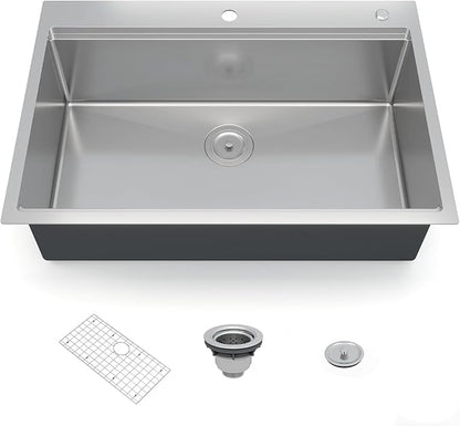 GarveeTech Kitchen Sinks,33×22×10 inch Workstation Drop-In Kitchen Sink – Brushed Stainless Steel, Deep 10 inch Single Bowl, Heavy-Duty Rim, Grid & Drain Assembly