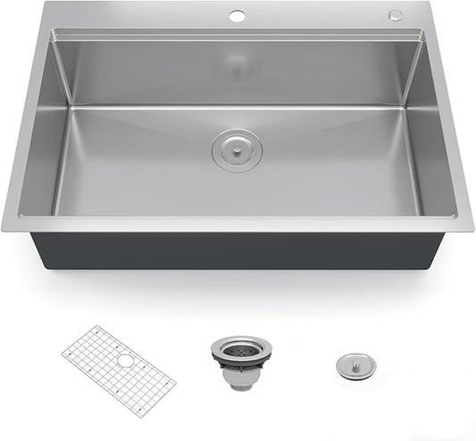 GarveeTech Kitchen Sinks,33×22×10 inch Workstation Drop-In Kitchen Sink – Brushed Stainless Steel, Deep 10 inch Single Bowl, Heavy-Duty Rim, Grid & Drain Assembly