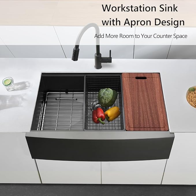 33 Black Farmhouse Sink Unsermount, Dorzom 33x22x10 Inches Farmhouse Kitchen Sink Black Stainless Steel Apron Front Sink with Workstation Ledge Under Mount 16 Gauge Single Bowl Kitchen Sink