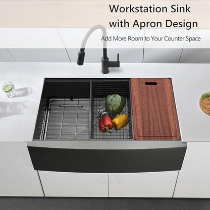 33 Black Farmhouse Sink Unsermount, Dorzom 33x22x10 Inches Farmhouse Kitchen Sink Black Stainless Steel Apron Front Sink with Workstation Ledge Under Mount 16 Gauge Single Bowl Kitchen Sink