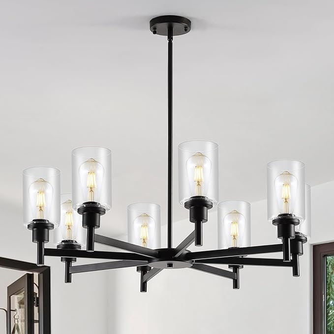 9MMML Farmhouse 8-Light Glass Chandelier, Modern Black Chandelier for Kitchen Dining Room Light Fixture Over Table, Industrial Chandelier for Living Room, Foyer, Entryway, E26 Bulb Base