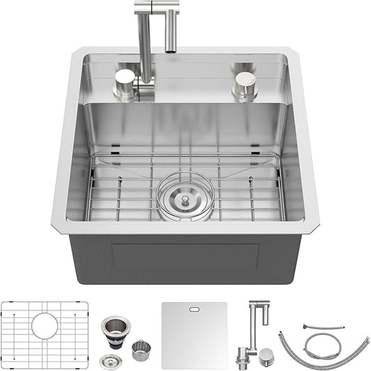 18 x 18 Inch Outdoor Sink Undermount RV Sink Workstation 16 Gauge Stainless Steel Single Bowl Handmade Outdoor Kitchen Sinks With Folding Faucet 18"x18"x9"