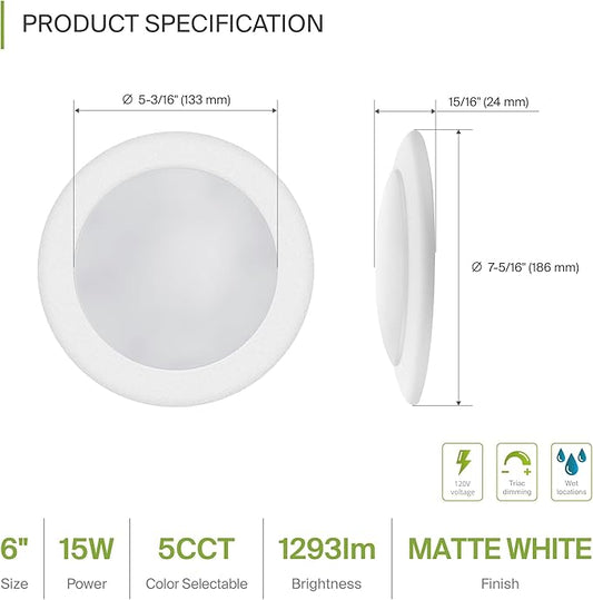 ASD 1 Pack LED Disk Lights 6 Inch, 15W 5CCT 2700K-5000K 1245LM CRI90+, Dimmable Flush Mount Ceiling Light Fixture, Low Profile Surface Mount Disc Lights, Junction Box or Recessed Can Install, ETL