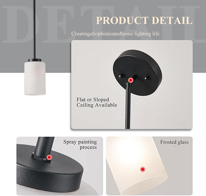 2 Pack Pendant Light Fixtures, Adjustable Kitchen Island Hanging Ceiling Lights with White Frosted Glass Shades, Black, House Indoor Light for Bedroom Living Room