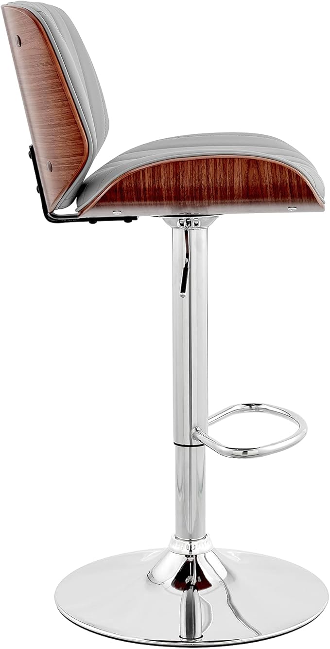 Armen Living Brock Modern Adjustable Height Swivel Gray Faux Leather and Walnut Wood Bar Stool with Chrome Base for Kitchen Island Counter
