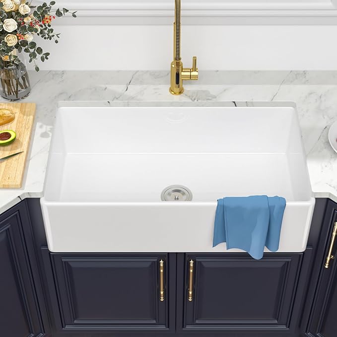 Kichae 36 Inch White Farmhouse Sink - 36 x 20 Farm Kitchen Sink Undermount Singe Bowl Apron Front Fireclay Ceramic Porcelain Farmer Style Large Deep Kitchen Sink Round Corner