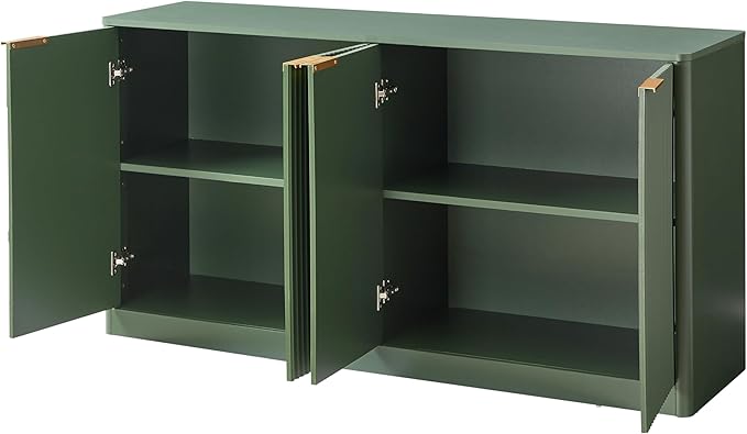 Ball & Cast 59" Modern Fluted Sideboard Buffet Cabinet with Storage,Curved Design Kitchen Coffee Bar Cabinet with 4 Doors & Shelves,Wood Credenza Cabinets Media Console for Living Room,Green