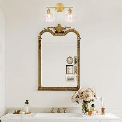 Gold Bathroom Light Fixtures Over Mirror, 2 Light Bathroom Vanity Light Fixture with Tulip Pink Glass Lampshade, Vintage Vanity Lights for Bathroom, Bathroom Vanity Lights Over Mirror