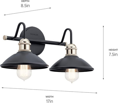 Kichler Clyde 2-Light Bathroom Vanity Light Fixture with Vintage Industrial Design, Black Finish for Bathrooms Over Mirror (7.25" H x 17" W x 8.25" Ext.), 45944BK