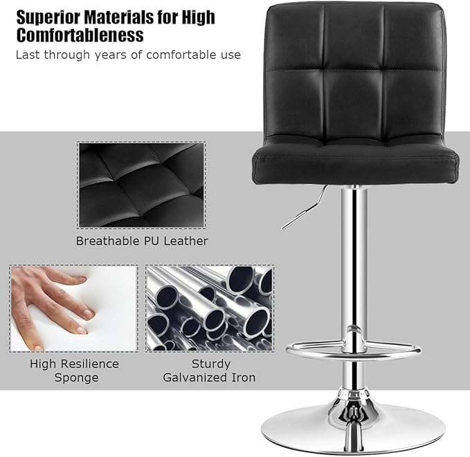 COSTWAY Adjustable Bar Stools Set of 4, Modern Swivel PU Leather Bar Chair with Backrest, Soft Cushioned Seat, Footrest, Sturdy Metal Frame, Comfortable Barstools for Kitchen Island, Pub, Black