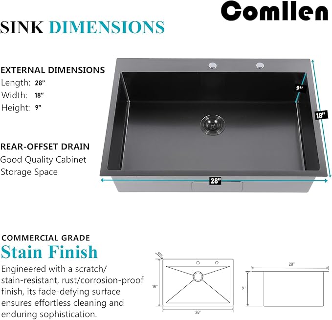 Comllen 28x18 inch Stainless Steel Black Drop In Kitchen Sink,28 Inch Topmount Sinks,16 Gauge 9 Inch Deep Single T304 Single Bowl Kitchen Sink With Strainer