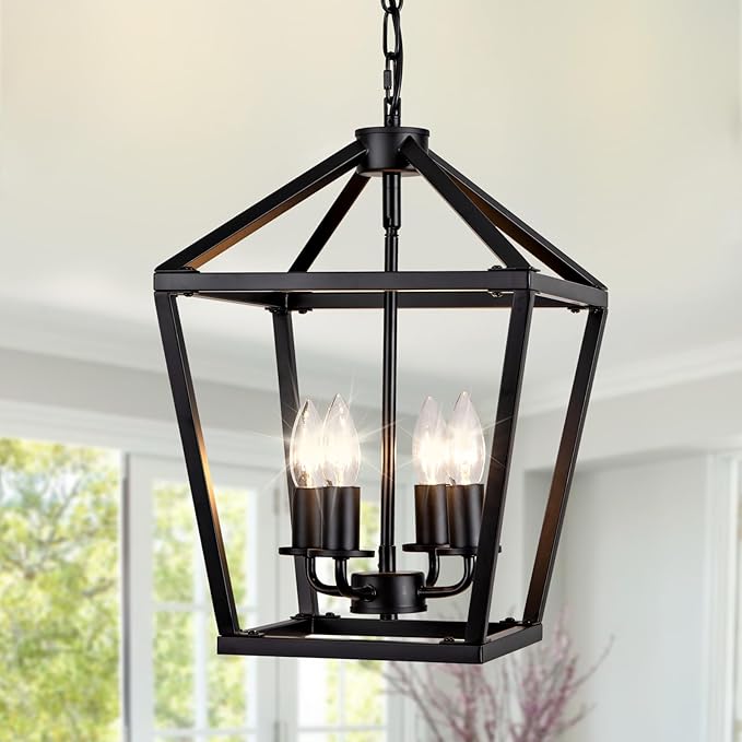 4-Light Black Pendant Lights Kitchen Island, 12 Inch Farmhouse Pendant Light, Adjustable Height Iron Lantern Black Pendant Light Fixtures, Cage Farmhouse Chandelier Island Lights for Kitchen Foyer