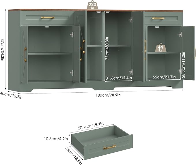 BOTLOG 71” Large Sideboard Buffet Cabinet with Storage, Farmhouse Kitchen Buffet Cabinet with Adjustable Shelves and 6 Barn Doors, Wood Coffee Wine Bar Console Table for Kitchen, Dining Room, Green
