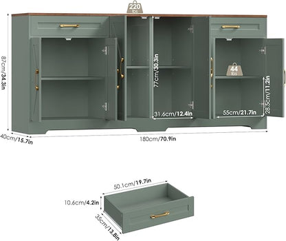 BOTLOG 71” Large Sideboard Buffet Cabinet with Storage, Farmhouse Kitchen Buffet Cabinet with Adjustable Shelves and 6 Barn Doors, Wood Coffee Wine Bar Console Table for Kitchen, Dining Room, Green