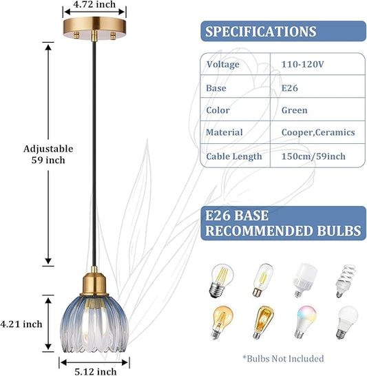 TALOYA Pendant Light 3 Pack with Blue Tulip Glass Lmapshade, Brass Vintage Pendant Light Adjustable Hanging Light for Kitchen Island Bedroom Dining Room Hallway& Bar