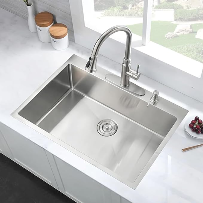 25 x 22 Inch Drop in Kitchen Sink 16 Gauge Stainless Steel Kitchen Sink 2-Holes 10 inch Single Bowl
