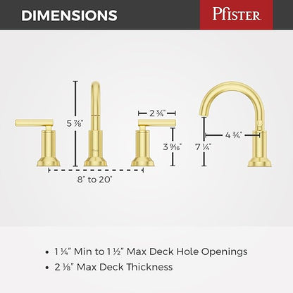 Pfister Capistrano Brushed Gold Bathroom Sink Faucet 8 in Widespread 3 Hole 2 Handle NSF Certified Push & Seal Drain TiteSeal Mounting Technology Vanity Faucet LF049CSOBG