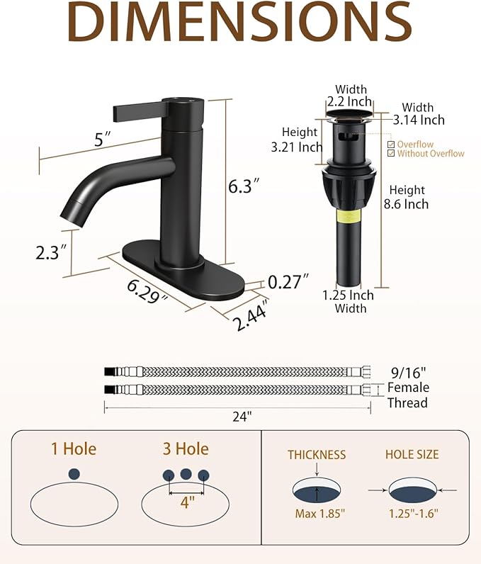 Fransiton Matte Black Bathroom Faucet Single Hole with Pop-Up Bathroom Drain and Flexible Hoses Single Handle Bathroom Sink Faucet w/Deck Plate(1 or 3 Hole) for Vanity Sinks, RV, Farmhouse