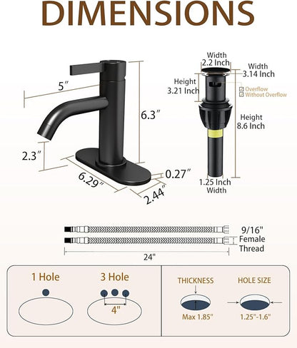 Fransiton Matte Black Bathroom Faucet Single Hole with Pop-Up Bathroom Drain and Flexible Hoses Single Handle Bathroom Sink Faucet w/Deck Plate(1 or 3 Hole) for Vanity Sinks, RV, Farmhouse