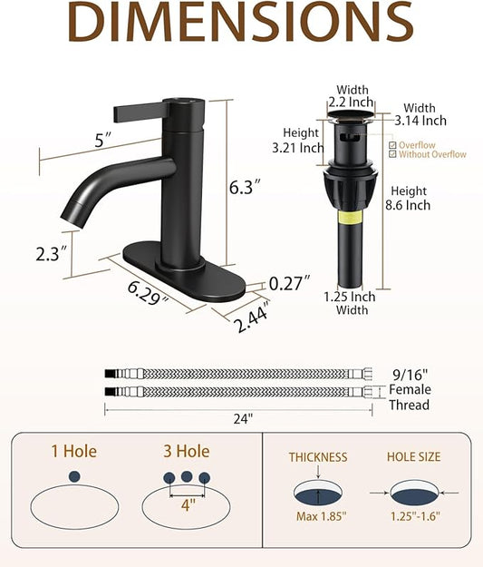 Fransiton Matte Black Bathroom Faucet Single Hole with Pop-Up Bathroom Drain and Flexible Hoses Single Handle Bathroom Sink Faucet w/Deck Plate(1 or 3 Hole) for Vanity Sinks, RV, Farmhouse