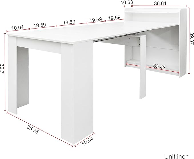 SOFTSEA Extendable Foldable Dining Room Table with Storage, Rustic Rectangle Expandable Kitchen Island, White