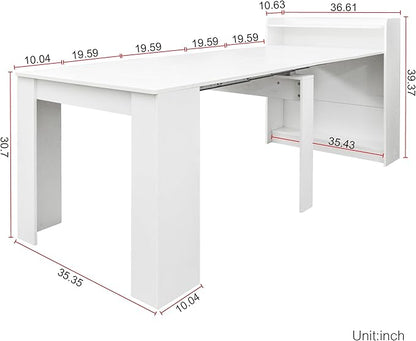 SOFTSEA Extendable Foldable Dining Room Table with Storage, Rustic Rectangle Expandable Kitchen Island, White