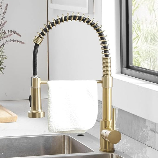 OWOFAN Kitchen Faucets with Pull Down Sprayer 304 Stainless Steel Industrial Single Handle One Hole Faucet for Farmhouse Camper Laundry Utility Rv Wet Bar Sinks Gold 9009K