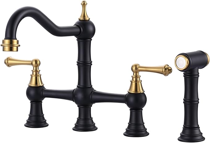 WOWOW Bridge Kitchen Faucet with Side Sprayer, Solid Brass Kitchen Sink Faucet Black and Gold, 4 Hole Two Handle Centerset Mixer Taps Farmhouse Style
