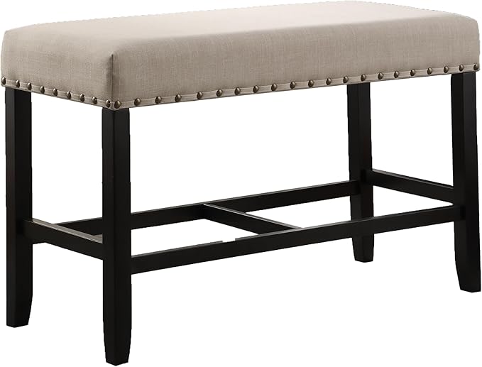 Counter Height Dining Bench in Tan Fabric with Nailhead Trim - Comfortable Seating for Kitchen Islands