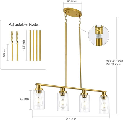 Kitchen Island Lighting, 4-Light Dining Room Light Fixtures Over Table,Gold Linear Chandelier for Dining Room Hanging,Pendant Lights Kitchen Island with Clear Glass Shade