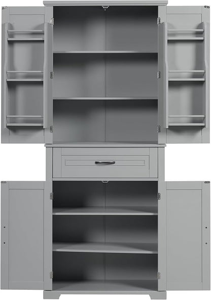 72.2" Storage Cabinet with Doors and Drawers, Tall and Wide Kicthen Pantry Cupboard Home Display Organizer with Door Shelf Rack for Bathroom, Adjustable Shelf, Gray